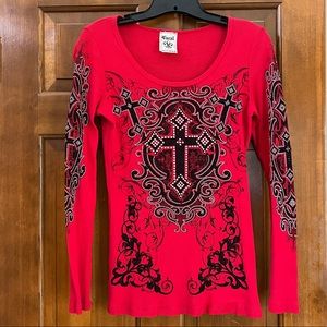 Vocal Black and Red long sleeve top w/ Black/White stones